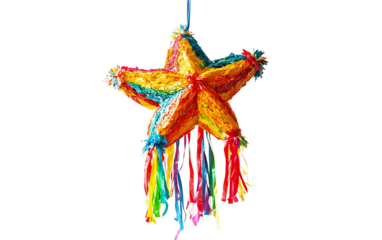 Traditional Mexican pinata in star shape decorated with bright colorful ribbons for festive celebration isolated on transparent background PNG