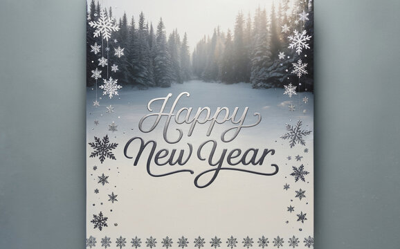 A winter-themed New Year greeting card design with a misty forest scene in the background. The foreground features elegant cursive text "Happy New Year" in silver-gray metallic lettering. - Powered by Adobe
