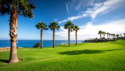 Fototapeta premium Coastal golf course with palm trees under a sunny sky
