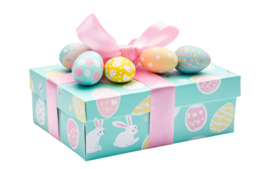 Easter-themed gift box wrapped with ribbons and bunny sticker in festive packaging style isolated on transparent background PNG