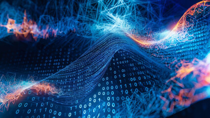 AI neural abstract texture with glowing wave patterns, deep electric blue and neon green with high-tech cybernetic aesthetic
