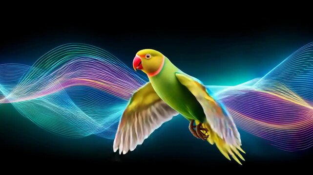 Vibrant Parrot in Flight with Colorful Sound Waves and Abstract Background for Nature and Wildlife Imagery
