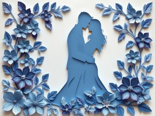 Paper Cut Couple in Cool Floral Embrace