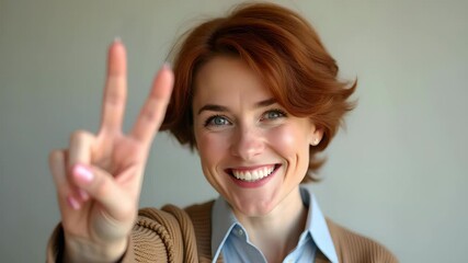 Red-haired woman smiling with peace sign on neutral background - Powered by Adobe