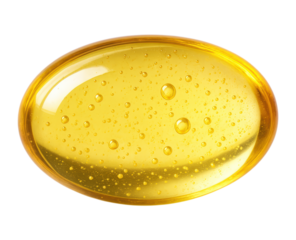 Glossy golden vitamin E softgel pill, a translucent nutritional supplement with oil bubbles inside, Isolated on Transparent and White Background