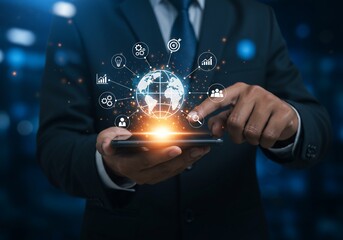 Businessman using smartphone with global network icons, digital transformation concept