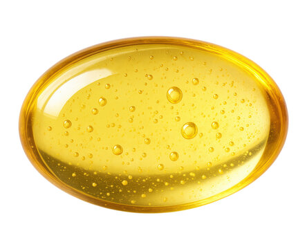 Glossy golden vitamin E softgel pill, a translucent nutritional supplement with oil bubbles inside, Isolated on Transparent and White Background