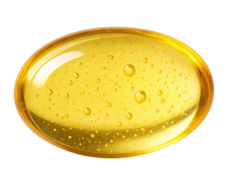 Glossy golden vitamin E softgel pill, a translucent nutritional supplement with oil bubbles inside, Isolated on Transparent and White Background