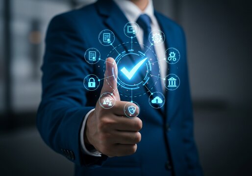 Businessman's Thumbs-Up with Glowing Compliance Icons: Quality Assurance and Digital Security - Powered by Adobe