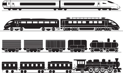train silhouette collection of locomotives, passenger carriages and cargo rail transport design elements © AIcon Star