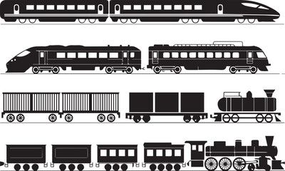 black train illustrations for transport, travel and logistics themes featuring various railway vehicle types © AIcon Star