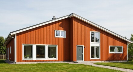 Obraz premium Modern, rustic-style house with orange-red siding and white trim.