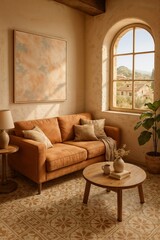 Fototapeta premium Rustic Mediterranean Living Room: Warm-toned Sofa, Sunlit Arch Window, Earthy Decor, Tranquil Atmosphere.