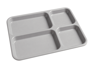 Grey plastic cafeteria food tray with four divided compartments for serving portion-controlled meals, Isolated on Transparent and White Background