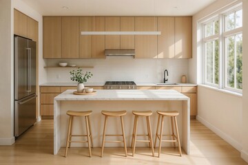 Fototapeta premium Modern Minimalist Kitchen Island with Marble Countertop and Light Wood Stools