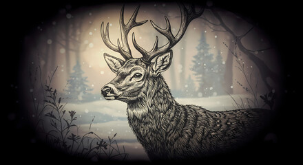 Majestic Deer in a Winter Forest, Engraved Style