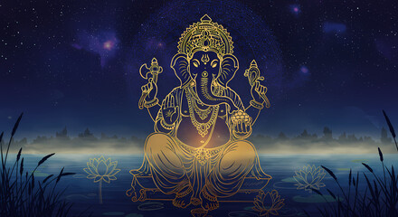 Spiritual Ganesha illustration at night over a misty lake