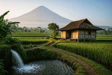 Serene Sunrise: Rustic Wooden Hut in Lush Rice Paddy with Volcanic Mountain Background