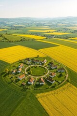 Aerial View: Serene Circular Village nestled in vibrant green and yellow fields, idyllic rural landscape.