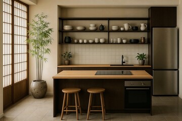 Modern Minimalist Kitchen Island with Wood Accents and Neutral Tones.