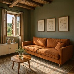 Rustic Living Room:  Warm, Earthy Tones, Leather Sofa,  Natural Light,  Modern Minimalist Art.