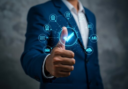 Thumbs Up for Quality Assurance: Man in Suit with Glowing Icons of Approval