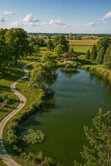 Serene Lakeside Gazebo: Tranquil Summer Landscape with Winding Path and Lush Greenery.