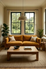 Serene Living Room: Mustard Velvet Sofa, Natural Light, Modern Pendant Lamp, and Textured Rug.