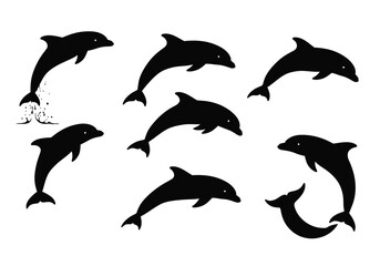 Obraz premium Collection of Black Silhouette Dolphins in Various Jumping Poses.