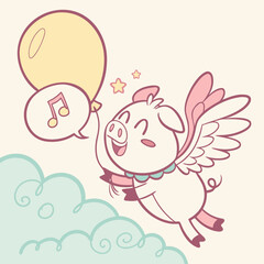 Cartoon pig with wings flying with a balloon and music note in the sky with clouds and stars