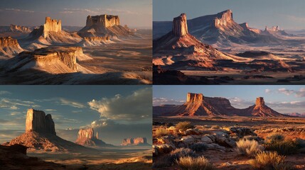 Four images showcase arid, canyon-like landscapes under varying light, emphasizing dramatic rock formations and vastness