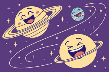 Illustration of cartoon planets with happy faces and rings floating in a purple starry space scene