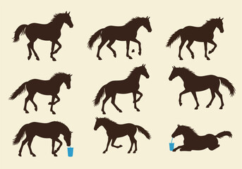 Obraz premium Nine Dark Brown Horse Silhouettes in Various Poses Including One Drinking from a Cup.