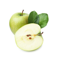 Cut, whole apples and leaves isolated on white