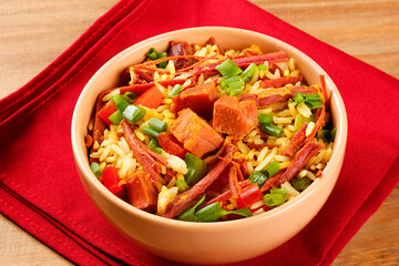 Arroz de Carreteiro, Carter's Rice, in a ceramic bowl, a typical dish of Southern Brazilian cuisine with rice and dried meat