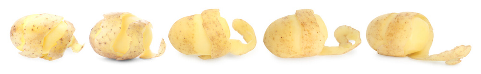 Fresh potatoes with peels isolated on white, set