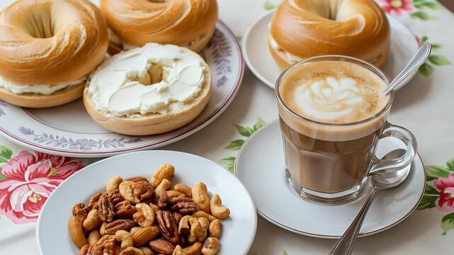 Delicious bagels with cream cheese, coffee, and mixed nuts create a perfect breakfast or brunch scene.