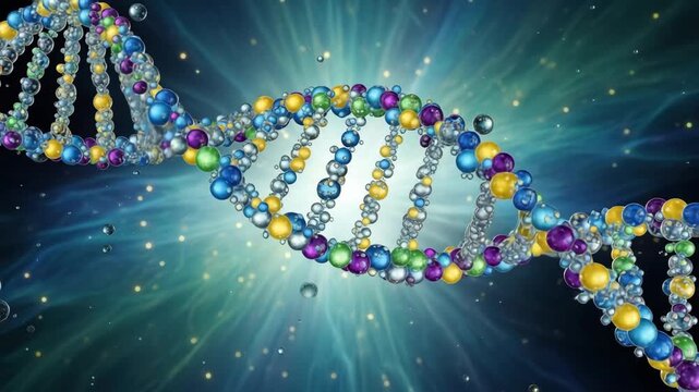 Colorful DNA Double Helix Structure with Molecular Components Against Vibrant Cosmic Background