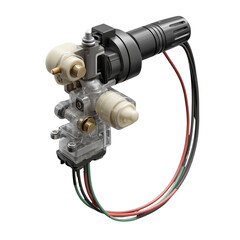 A close-up view of a mechanical device featuring a clear plastic housing, intricate wiring, and notable components, showcasing technology and engineering design.