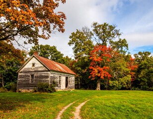 Obraz premium Autumnal cabin in a clearing