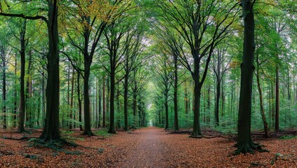 Obraz premium A serene forest path lined with tall trees and fallen leaves creates a peaceful and inviting autumn landscape.