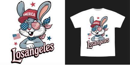 Cool Cartoon Bunny with American Flag and Los Angeles Text – 4th of July USA Patriotic T-Shirt Design