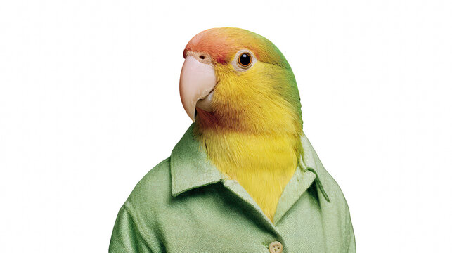 green parrot on white background with tea shart