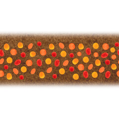 Seamless border with a pattern of red and yellow dots on a brown background. Watercolor illustration hand-drawn with brushes, textured. Drawing for background, cards, textile, paper. brush, texture