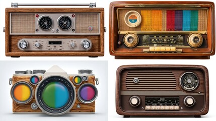 Fototapeta premium Four vintage radios & camera with faux retro wood and gauges in a collage