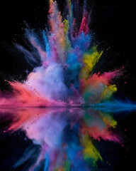 Colorful abstract explodes with soft, mirrored reflection; suitable for design projects, posters, and digital art.
