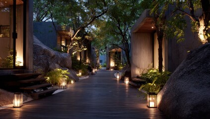 Fototapeta premium A tranquil walkway illuminated by lanterns winds through lush greenery and modern architecture at twilight, creating a serene and inviting ambiance.