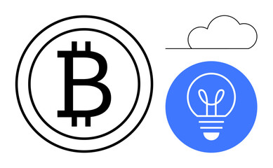Bitcoin logo in a circular frame, a blue lightbulb icon, and a minimalist cloud outline. Ideal for cryptocurrency, blockchain, finance, innovation, technology, startups futuristic ideas simple