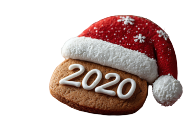 Celebrate the festive season with a delicious gingerbread cookie featuring the year 2020 and a charming Santa hat, perfect for holiday promotions and New Year's greetings.