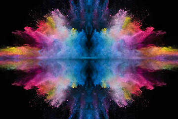 Multicolored powder bursts on black create abstract texture; great for wallpaper, posters, and digital backdrops.